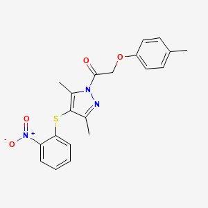 molecular formula C20H19N3O4S B2475252 1-[3,5-Dimethyl-4-(2-nitrophenyl)sulfanylpyrazol-1-yl]-2-(4-methylphenoxy)ethanone CAS No. 636568-06-4