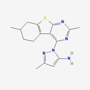 molecular formula C16H19N5S B2475333 2-(2,7-二甲基-5,6,7,8-四氢-[1]苯并噻吩并[2,3-d]嘧啶-4-基)-5-甲基吡唑-3-胺 CAS No. 380443-55-0