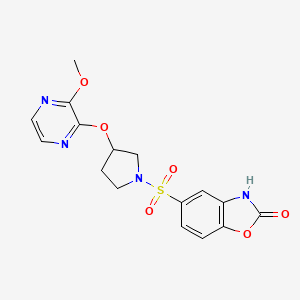 molecular formula C16H16N4O6S B2475340 5-((3-((3-methoxypyrazin-2-yl)oxy)pyrrolidin-1-yl)sulfonyl)benzo[d]oxazol-2(3H)-one CAS No. 2034323-02-7