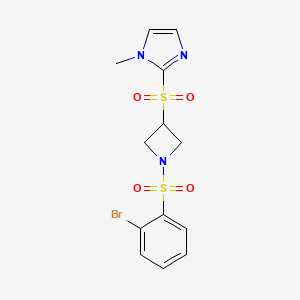 molecular formula C13H14BrN3O4S2 B2475345 2-((1-((2-溴苯基)磺酰基)氮杂环丁-3-基)磺酰基)-1-甲基-1H-咪唑 CAS No. 2034430-24-3