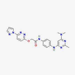 molecular formula C22H23N9O2 B2475385 2-((6-(1H-pyrazol-1-yl)pyridazin-3-yl)oxy)-N-(4-((6-(dimethylamino)-2-methylpyrimidin-4-yl)amino)phenyl)acetamide CAS No. 1428375-83-0
