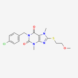 molecular formula C17H19ClN4O3S B2475396 1-(4-chlorobenzyl)-8-((2-methoxyethyl)thio)-3,7-dimethyl-1H-purine-2,6(3H,7H)-dione CAS No. 923681-00-9