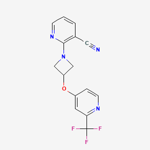 molecular formula C15H11F3N4O B2475404 2-[3-[2-(Trifluoromethyl)pyridin-4-yl]oxyazetidin-1-yl]pyridine-3-carbonitrile CAS No. 2380143-82-6