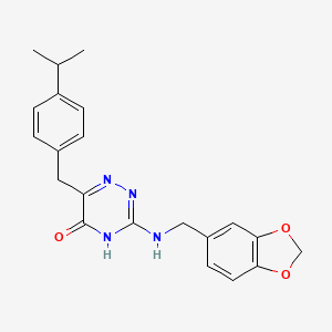 molecular formula C21H22N4O3 B2475449 3-((benzo[d][1,3]dioxol-5-ylmethyl)amino)-6-(4-isopropylbenzyl)-1,2,4-triazin-5(4H)-one CAS No. 881435-77-4