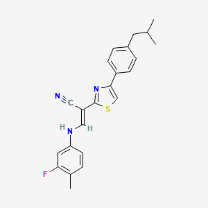 molecular formula C23H22FN3S B2475459 (E)-3-((3-fluoro-4-methylphenyl)amino)-2-(4-(4-isobutylphenyl)thiazol-2-yl)acrylonitrile CAS No. 477297-65-7