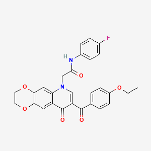 molecular formula C28H23FN2O6 B2475469 2-[8-(4-ethoxybenzoyl)-9-oxo-2,3-dihydro-[1,4]dioxino[2,3-g]quinolin-6-yl]-N-(4-fluorophenyl)acetamide CAS No. 866345-34-8