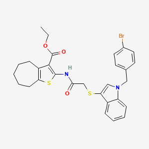 molecular formula C29H29BrN2O3S2 B2475495 ethyl 2-(2-((1-(4-bromobenzyl)-1H-indol-3-yl)thio)acetamido)-5,6,7,8-tetrahydro-4H-cyclohepta[b]thiophene-3-carboxylate CAS No. 681274-68-0