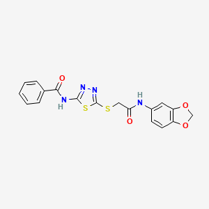 molecular formula C18H14N4O4S2 B2475512 N-(5-((2-(苯并[d][1,3]二氧杂环-5-氨基)-2-氧代乙基)硫代)-1,3,4-噻二唑-2-基)苯甲酰胺 CAS No. 893342-33-1
