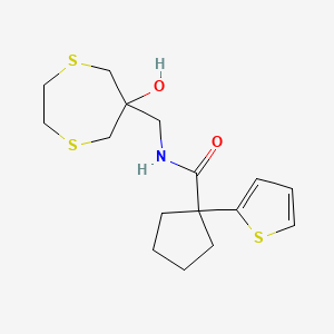 molecular formula C16H23NO2S3 B2475548 N-[(6-Hydroxy-1,4-dithiepan-6-yl)methyl]-1-thiophen-2-ylcyclopentane-1-carboxamide CAS No. 2415564-01-9