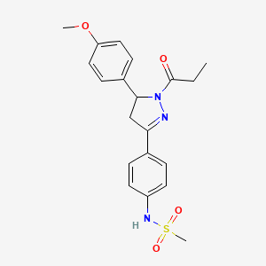 molecular formula C20H23N3O4S B2475556 N-{4-[5-(4-methoxyphenyl)-1-propanoyl-4,5-dihydro-1H-pyrazol-3-yl]phenyl}methanesulfonamide CAS No. 833429-32-6