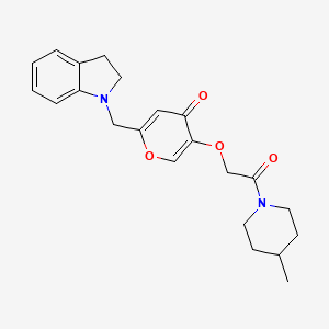 molecular formula C22H26N2O4 B2475560 2-(indolin-1-ylmethyl)-5-(2-(4-methylpiperidin-1-yl)-2-oxoethoxy)-4H-pyran-4-one CAS No. 898416-72-3