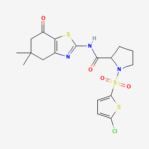 molecular formula C18H20ClN3O4S3 B2475566 1-((5-chlorothiophen-2-yl)sulfonyl)-N-(5,5-dimethyl-7-oxo-4,5,6,7-tetrahydrobenzo[d]thiazol-2-yl)pyrrolidine-2-carboxamide CAS No. 1097638-97-5