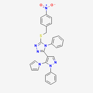 molecular formula C28H21N7O2S B2475585 3-[(4-nitrobenzyl)sulfanyl]-4-phenyl-5-[1-phenyl-5-(1H-pyrrol-1-yl)-1H-pyrazol-4-yl]-4H-1,2,4-triazole CAS No. 477709-78-7