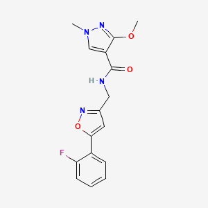 molecular formula C16H15FN4O3 B2475586 N-((5-(2-fluorophenyl)isoxazol-3-yl)methyl)-3-methoxy-1-methyl-1H-pyrazole-4-carboxamide CAS No. 1210706-44-7