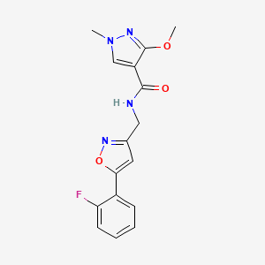 molecular formula C16H15FN4O3 B2475586 N-((5-(2-フルオロフェニル)イソキサゾール-3-イル)メチル)-3-メトキシ-1-メチル-1H-ピラゾール-4-カルボキサミド CAS No. 1210706-44-7