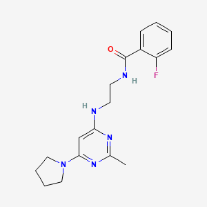 molecular formula C18H22FN5O B2475606 2-氟-N-(2-((2-甲基-6-(吡咯啉-1-基)嘧啶-4-基)氨基)乙基)苯甲酰胺 CAS No. 1203117-71-8
