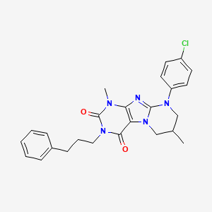molecular formula C25H26ClN5O2 B2475716 9-(4-chlorophenyl)-1,7-dimethyl-3-(3-phenylpropyl)-7,8-dihydro-6H-purino[7,8-a]pyrimidine-2,4-dione CAS No. 877796-38-8