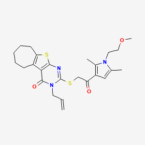 molecular formula C25H31N3O3S2 B2475775 5-({2-[1-(2-methoxyethyl)-2,5-dimethyl-1H-pyrrol-3-yl]-2-oxoethyl}sulfanyl)-4-(prop-2-en-1-yl)-8-thia-4,6-diazatricyclo[7.5.0.0^{2,7}]tetradeca-1(9),2(7),5-trien-3-one CAS No. 690642-77-4