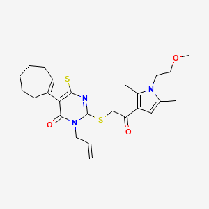 molecular formula C25H31N3O3S2 B2475775 5-({2-[1-(2-甲氧基乙基)-2,5-二甲基-1H-吡咯-3-基]-2-氧代乙基}硫代)-4-(丙-2-烯-1-基)-8-硫杂-4,6-二氮杂三环[7.5.0.0^{2,7}]十四烷-1(9),2(7),5-三烯-3-酮 CAS No. 690642-77-4