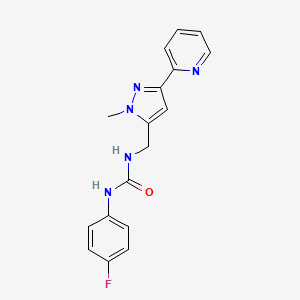 molecular formula C17H16FN5O B2475785 1-(4-Fluorophenyl)-3-[(2-methyl-5-pyridin-2-ylpyrazol-3-yl)methyl]urea CAS No. 2319637-73-3