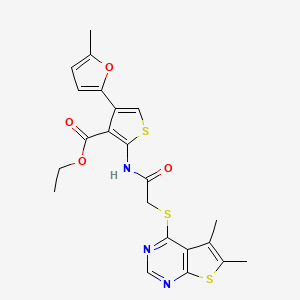 molecular formula C22H21N3O4S3 B2475793 Ethyl 2-(2-((5,6-dimethylthieno[2,3-d]pyrimidin-4-yl)thio)acetamido)-4-(5-methylfuran-2-yl)thiophene-3-carboxylate CAS No. 379236-49-4