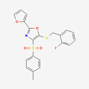molecular formula C21H16FNO4S2 B2475825 5-((2-Fluorobenzyl)thio)-2-(furan-2-yl)-4-tosyloxazole CAS No. 686737-78-0