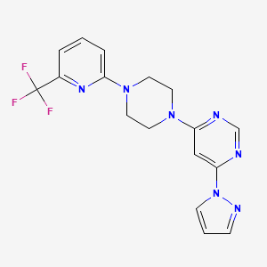 molecular formula C17H16F3N7 B2475881 4-Pyrazol-1-yl-6-[4-[6-(trifluoromethyl)pyridin-2-yl]piperazin-1-yl]pyrimidine CAS No. 2415524-69-3