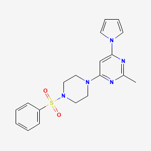 molecular formula C19H21N5O2S B2475899 2-methyl-4-(4-(phenylsulfonyl)piperazin-1-yl)-6-(1H-pyrrol-1-yl)pyrimidine CAS No. 1421455-48-2