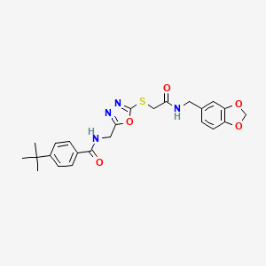molecular formula C24H26N4O5S B2476008 N-((5-((2-((benzo[d][1,3]dioxol-5-ylmethyl)amino)-2-oxoethyl)thio)-1,3,4-oxadiazol-2-yl)methyl)-4-(tert-butyl)benzamide CAS No. 872613-78-0