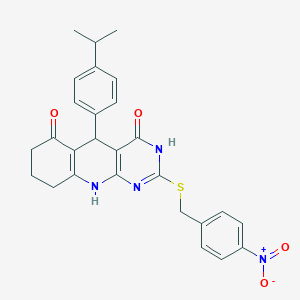 molecular formula C27H26N4O4S B2476015 5-(4-isopropylphenyl)-2-((4-nitrobenzyl)thio)-7,8,9,10-tetrahydropyrimido[4,5-b]quinoline-4,6(3H,5H)-dione CAS No. 537043-51-9