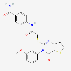molecular formula C22H20N4O4S2 B2476090 4-(2-((3-(3-Methoxyphenyl)-4-oxo-3,4,6,7-tetrahydrothieno[3,2-d]pyrimidin-2-yl)thio)acetamido)benzamide CAS No. 877655-79-3