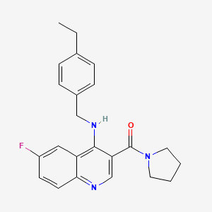 molecular formula C23H24FN3O B2476093 (4-((4-Ethylbenzyl)amino)-6-fluoroquinolin-3-yl)(pyrrolidin-1-yl)methanone CAS No. 1326806-75-0