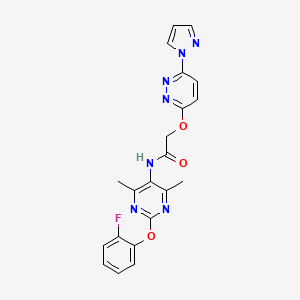 molecular formula C21H18FN7O3 B2476101 2-((6-(1H-pyrazol-1-yl)pyridazin-3-yl)oxy)-N-(2-(2-fluorophenoxy)-4,6-dimethylpyrimidin-5-yl)acetamide CAS No. 1788843-02-6