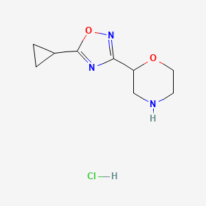 molecular formula C9H14ClN3O2 B2476208 2-(5-Cyclopropyl-1,2,4-oxadiazol-3-yl)morpholine hydrochloride CAS No. 2094693-90-8