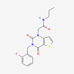 molecular formula C18H18FN3O3S B2476228 2-(3-(2-フルオロベンジル)-2,4-ジオキソ-3,4-ジヒドロチエノ[3,2-d]ピリミジン-1(2H)-イル)-N-プロピルアセトアミド CAS No. 1252922-90-9