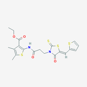 molecular formula C20H20N2O4S4 B2476231 (Z)-ethyl 4,5-dimethyl-2-(3-(4-oxo-5-(thiophen-2-ylmethylene)-2-thioxothiazolidin-3-yl)propanamido)thiophene-3-carboxylate CAS No. 900134-51-2