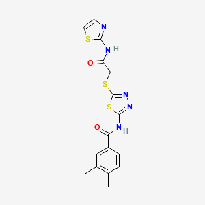molecular formula C16H15N5O2S3 B2476241 3,4-dimethyl-N-(5-((2-oxo-2-(thiazol-2-ylamino)ethyl)thio)-1,3,4-thiadiazol-2-yl)benzamide CAS No. 392299-75-1