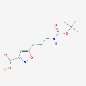 molecular formula C12H18N2O5 B2476249 5-[3-[(2-Methylpropan-2-yl)oxycarbonylamino]propyl]-1,2-oxazole-3-carboxylic acid CAS No. 2352908-37-1