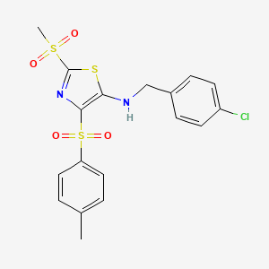 molecular formula C18H17ClN2O4S3 B2476262 N-(4-chlorobenzyl)-2-(methylsulfonyl)-4-tosylthiazol-5-amine CAS No. 896678-09-4