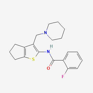 molecular formula C20H23FN2OS B2476279 2-fluoro-N-(3-(piperidin-1-ylmethyl)-5,6-dihydro-4H-cyclopenta[b]thiophen-2-yl)benzamide CAS No. 671201-03-9