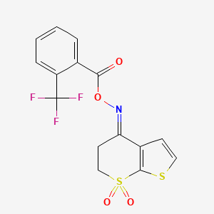 molecular formula C15H10F3NO4S2 B2476316 [(E)-(7,7-dioxo-5,6-dihydrothieno[2,3-b]thiopyran-4-ylidene)amino] 2-(trifluoromethyl)benzoate CAS No. 338776-92-4