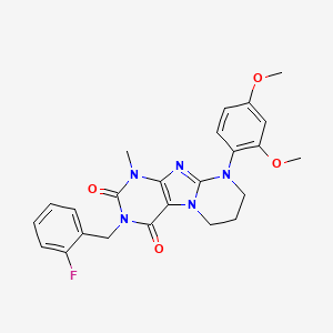 molecular formula C24H24FN5O4 B2476325 9-(2,4-二甲氧基苯基)-3-[(2-氟苯基)甲基]-1-甲基-7,8-二氢-6H-嘌呤[7,8-a]嘧啶-2,4-二酮 CAS No. 872628-25-6