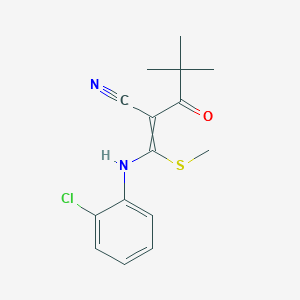 molecular formula C15H17ClN2OS B2476396 2-[(2-氯苯胺)-甲硫基亚甲基]-4,4-二甲基-3-氧戊腈 CAS No. 1024671-38-2