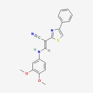 molecular formula C20H17N3O2S B2476413 (E)-3-((3,4-dimethoxyphenyl)amino)-2-(4-phenylthiazol-2-yl)acrylonitrile CAS No. 377050-75-4