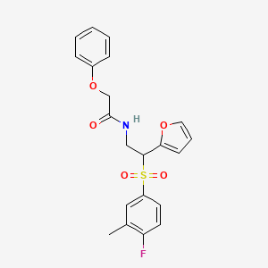 molecular formula C21H20FNO5S B2476422 N-(2-((4-fluoro-3-methylphenyl)sulfonyl)-2-(furan-2-yl)ethyl)-2-phenoxyacetamide CAS No. 946319-30-8