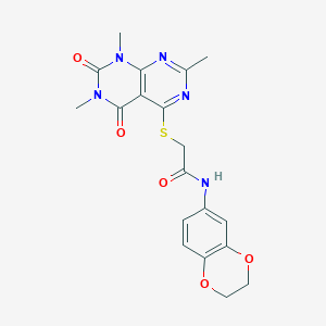 molecular formula C19H19N5O5S B2476615 N-(2,3-dihydrobenzo[b][1,4]dioxin-6-yl)-2-((2,6,8-trimethyl-5,7-dioxo-5,6,7,8-tetrahydropyrimido[4,5-d]pyrimidin-4-yl)thio)acetamide CAS No. 852168-27-5