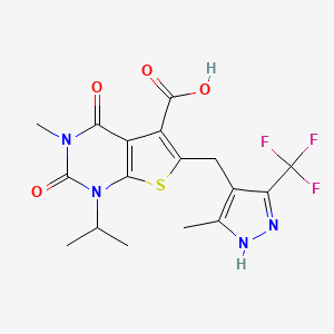 molecular formula C17H17F3N4O4S B2476641 1-异丙基-3-甲基-6-((5-甲基-3-(三氟甲基)-1H-吡唑-4-基)甲基)-2,4-二氧代-1,2,3,4-四氢噻吩并[2,3-d]嘧啶-5-羧酸 CAS No. 733810-92-9