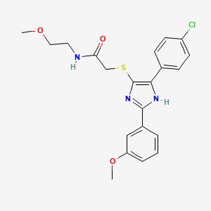 molecular formula C21H22ClN3O3S B2476660 2-((5-(4-氯苯基)-2-(3-甲氧基苯基)-1H-咪唑-4-基)硫代)-N-(2-甲氧基乙基)乙酰胺 CAS No. 901240-19-5