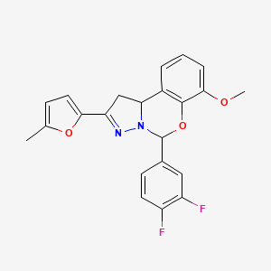 molecular formula C22H18F2N2O3 B2476663 5-(3,4-Difluorophenyl)-7-methoxy-2-(5-methyl-2-furyl)-1,10b-dihydropyrazolo[1,5-c][1,3]benzoxazine CAS No. 423130-97-6