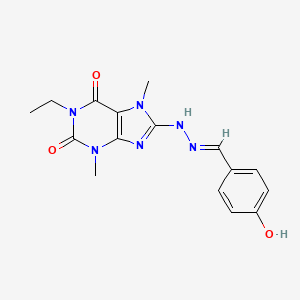 molecular formula C16H18N6O3 B2476707 (E)-1-ethyl-8-(2-(4-hydroxybenzylidene)hydrazinyl)-3,7-dimethyl-1H-purine-2,6(3H,7H)-dione CAS No. 1203445-29-7